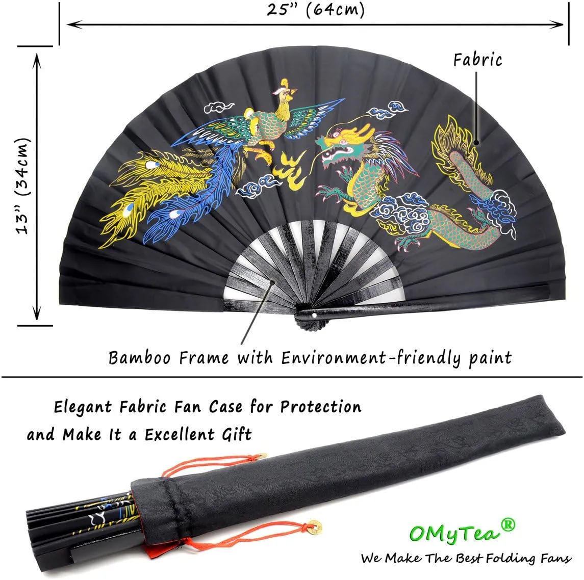 OMyTea Bamboo Large Rave Folding Hand Fan for Men/Women - Chinese Japanese Kung Fu Tai Chi Handheld Fan with Fabric Case - for Performance, Decorations, Dancing, Festival, Gift (Dragon & Phoenix)