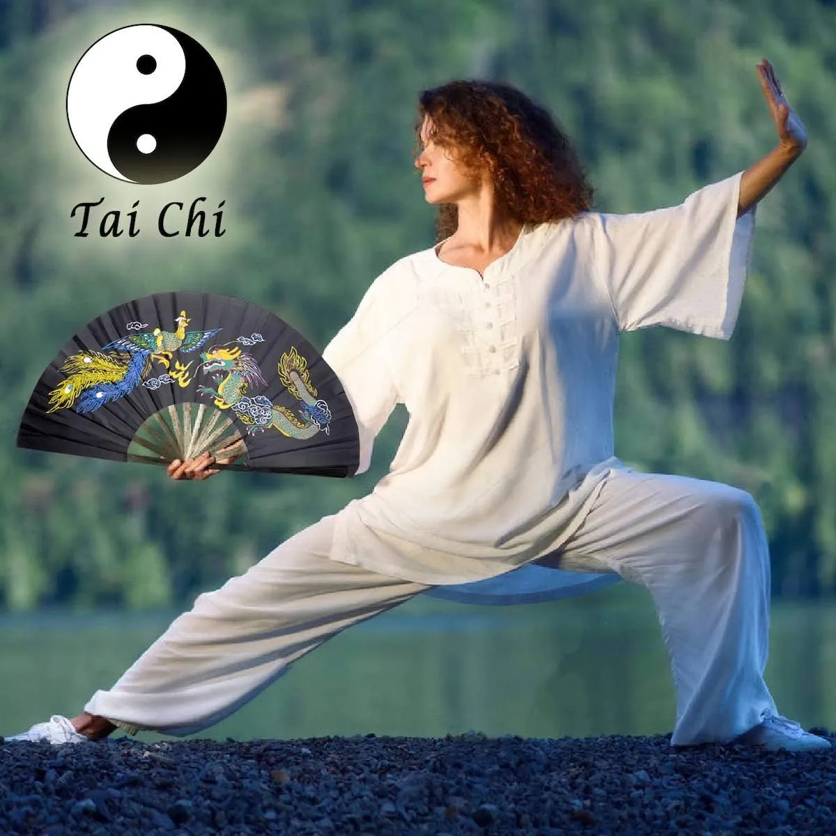 OMyTea Bamboo Large Rave Folding Hand Fan for Men/Women - Chinese Japanese Kung Fu Tai Chi Handheld Fan with Fabric Case - for Performance, Decorations, Dancing, Festival, Gift (Dragon & Phoenix)
