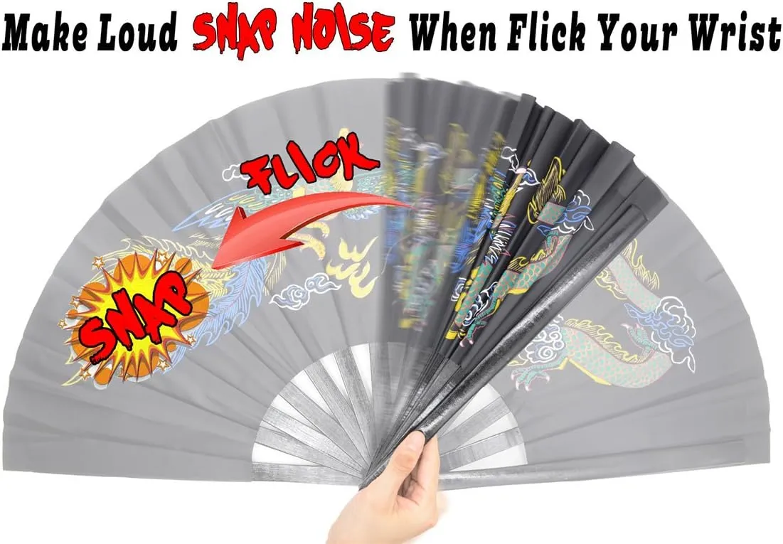 OMyTea Bamboo Large Rave Folding Hand Fan for Men/Women - Chinese Japanese Kung Fu Tai Chi Handheld Fan with Fabric Case - for Performance, Decorations, Dancing, Festival, Gift (Dragon & Phoenix)