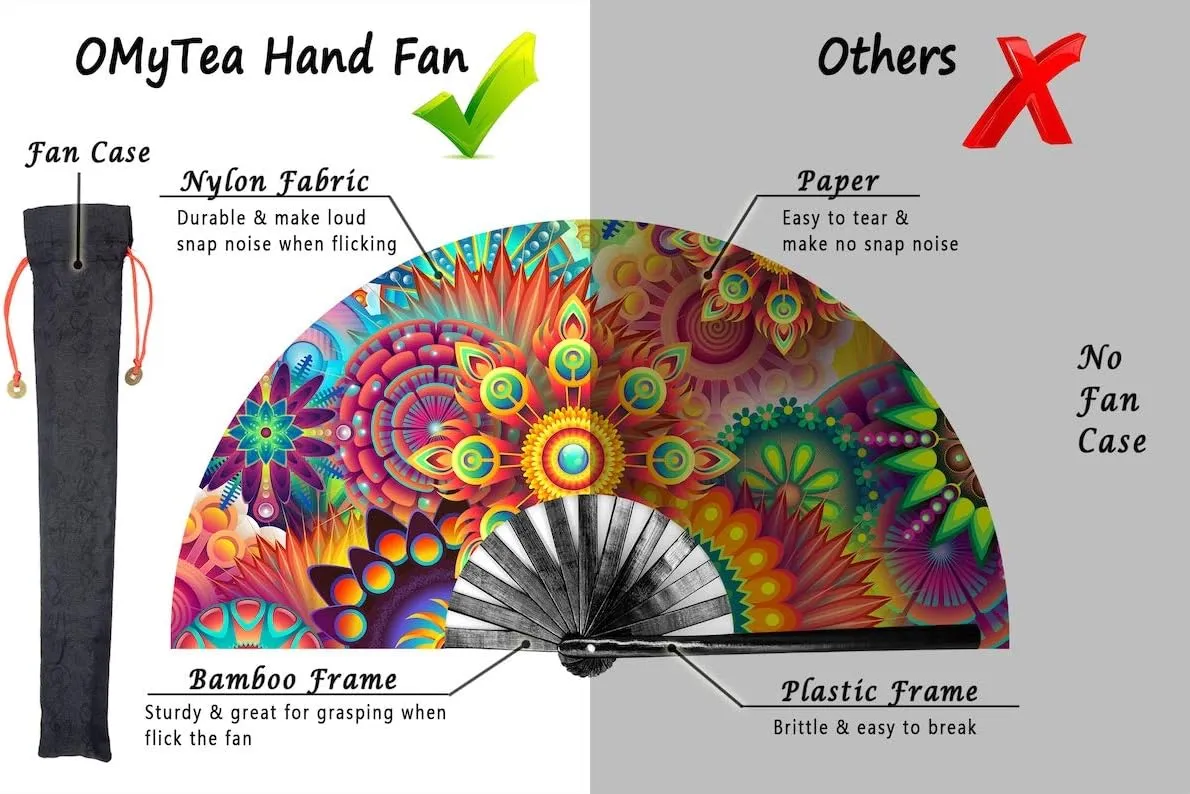 OMyTea Large Bamboo Rave Festival Folding Hand Fan for Men/Women - Chinese Japanese Handheld Fan with Fabric Case - for Electronic Dance Music Party, Performance, Decorations, Gift (Fantasy Flowers)