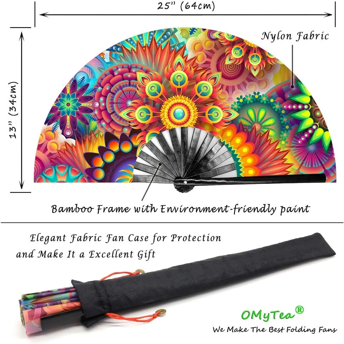 OMyTea Large Bamboo Rave Festival Folding Hand Fan for Men/Women - Chinese Japanese Handheld Fan with Fabric Case - for Electronic Dance Music Party, Performance, Decorations, Gift (Fantasy Flowers)