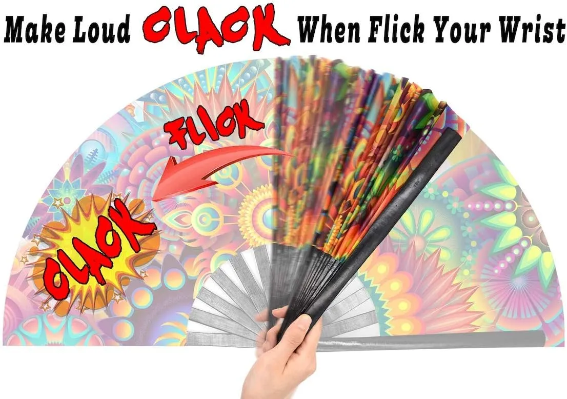 OMyTea Large Bamboo Rave Festival Folding Hand Fan for Men/Women - Chinese Japanese Handheld Fan with Fabric Case - for Electronic Dance Music Party, Performance, Decorations, Gift (Fantasy Flowers)