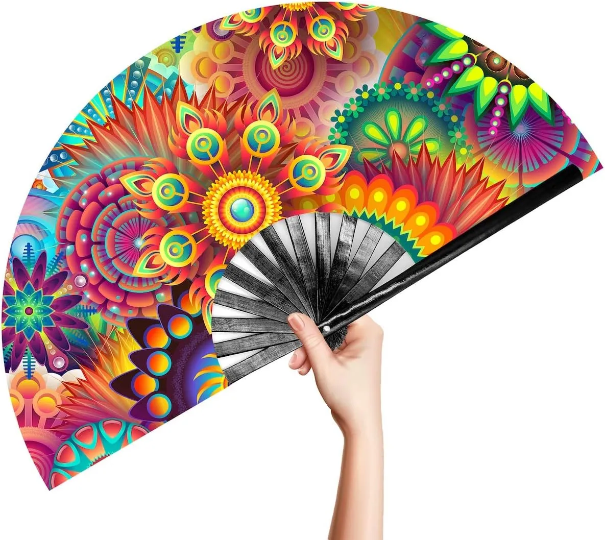 OMyTea Large Bamboo Rave Festival Folding Hand Fan for Men/Women - Chinese Japanese Handheld Fan with Fabric Case - for Electronic Dance Music Party, Performance, Decorations, Gift (Fantasy Flowers)