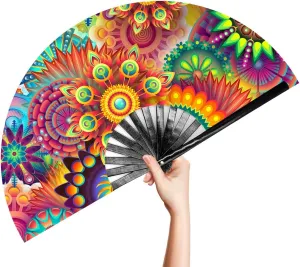 OMyTea Large Bamboo Rave Festival Folding Hand Fan for Men/Women - Chinese Japanese Handheld Fan with Fabric Case - for Electronic Dance Music Party, Performance, Decorations, Gift (Fantasy Flowers)