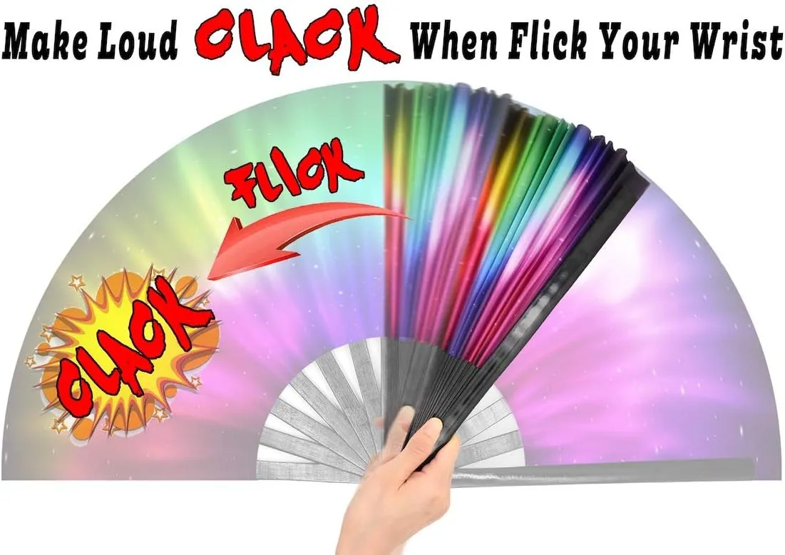 OMyTea Large Rave Clack Folding Hand Fan for Men/Women - Chinese Japanese Bamboo Handheld Fan - for EDM, Music Festival, Club, Event, Party, Dance, Performance, Decoration, Gift (Rainbow Aurora)