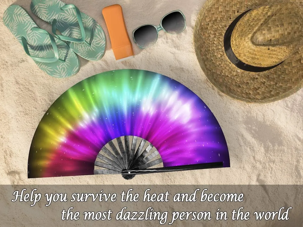 OMyTea Large Rave Clack Folding Hand Fan for Men/Women - Chinese Japanese Bamboo Handheld Fan - for EDM, Music Festival, Club, Event, Party, Dance, Performance, Decoration, Gift (Rainbow Aurora)