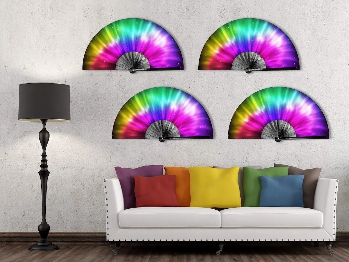 OMyTea Large Rave Clack Folding Hand Fan for Men/Women - Chinese Japanese Bamboo Handheld Fan - for EDM, Music Festival, Club, Event, Party, Dance, Performance, Decoration, Gift (Rainbow Aurora)