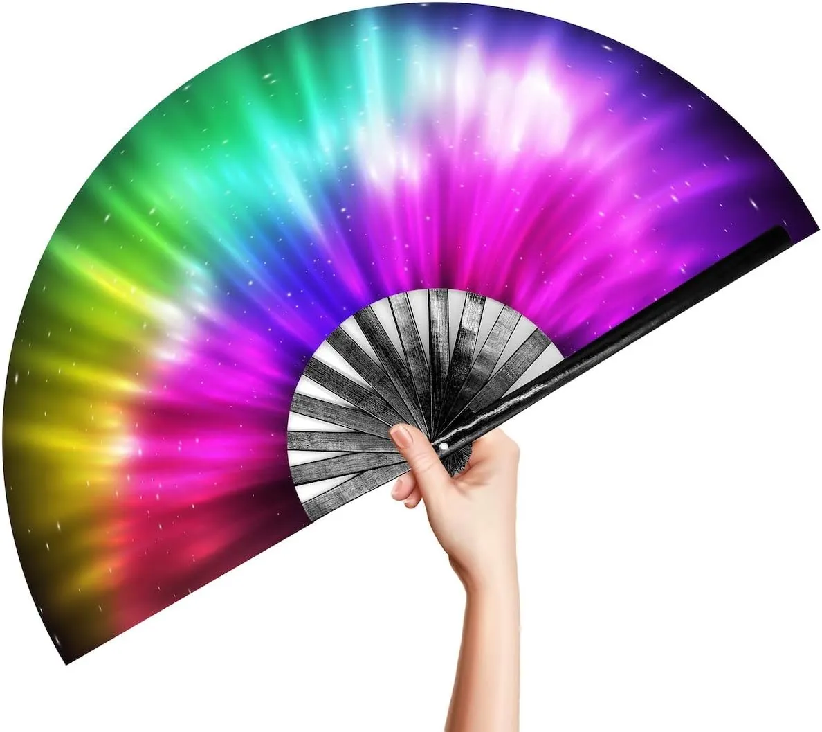 OMyTea Large Rave Clack Folding Hand Fan for Men/Women - Chinese Japanese Bamboo Handheld Fan - for EDM, Music Festival, Club, Event, Party, Dance, Performance, Decoration, Gift (Rainbow Aurora)