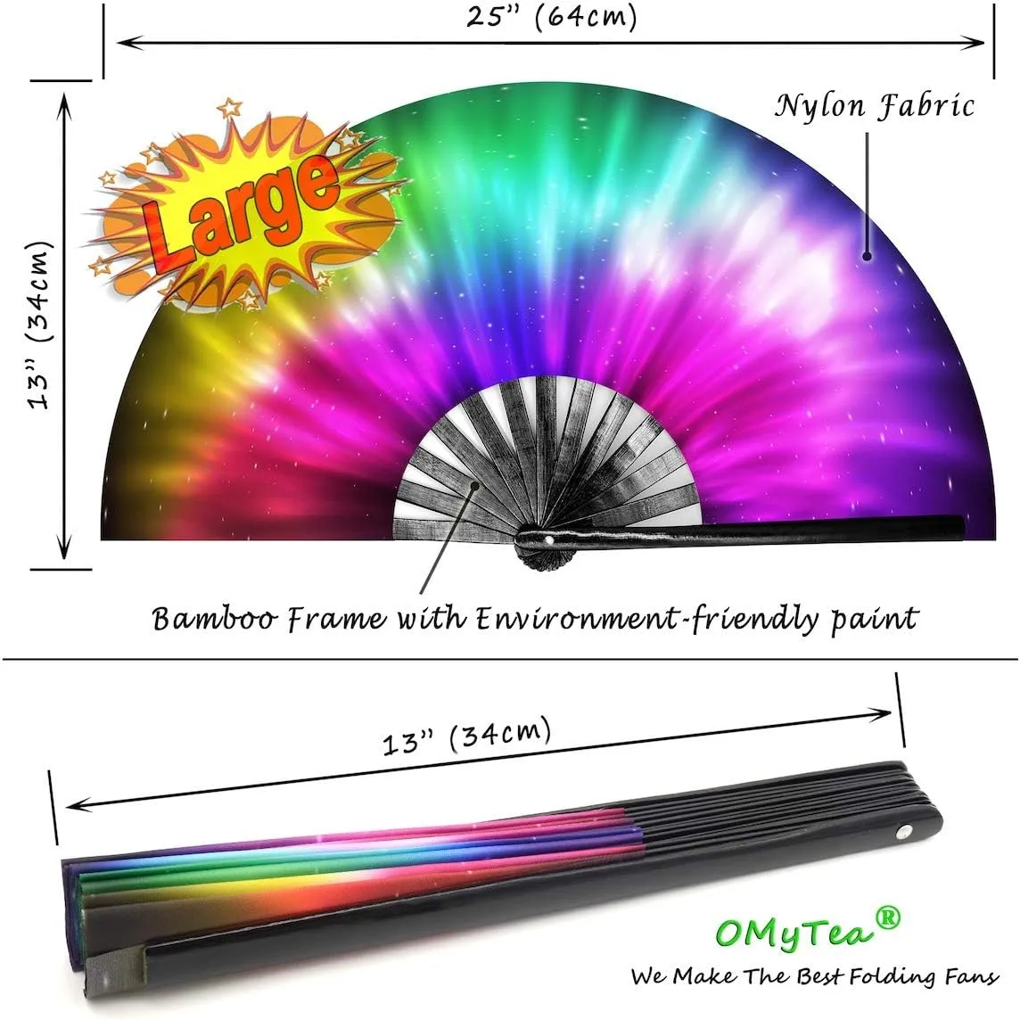 OMyTea Large Rave Clack Folding Hand Fan for Men/Women - Chinese Japanese Bamboo Handheld Fan - for EDM, Music Festival, Club, Event, Party, Dance, Performance, Decoration, Gift (Rainbow Aurora)