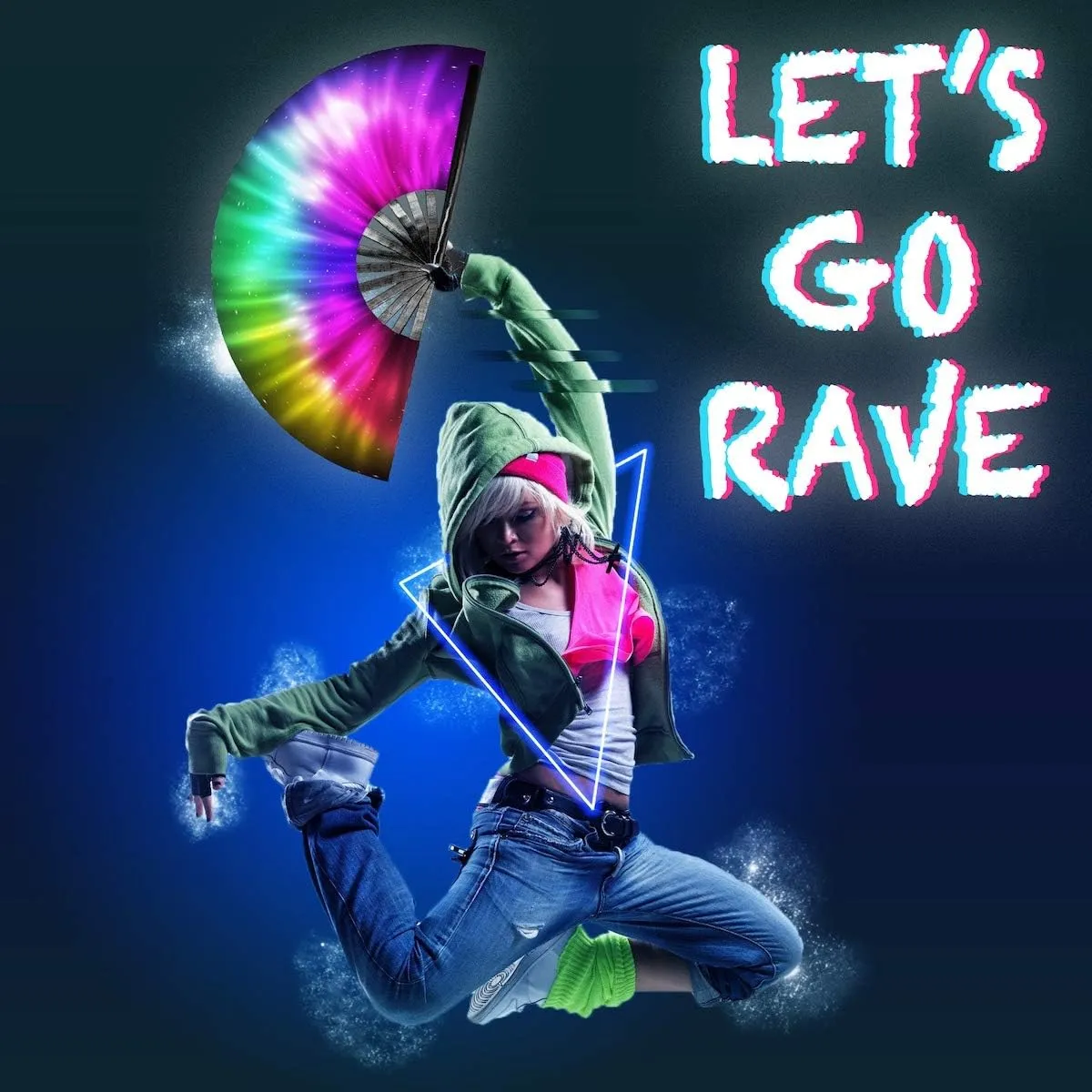 OMyTea Large Rave Clack Folding Hand Fan for Men/Women - Chinese Japanese Bamboo Handheld Fan - for EDM, Music Festival, Club, Event, Party, Dance, Performance, Decoration, Gift (Rainbow Aurora)