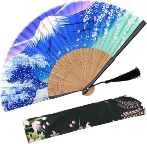 OMyTea "Night Fuji Folding Hand Held Fan for Women - with a Fabric Sleeve for Protection - Chinese/Japanese Vintage Retro Style for Wedding, Dancing, Church, Party, Gifts