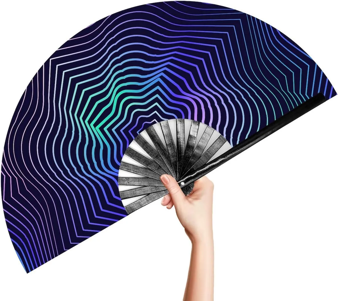 OMyTea Rave Clack Hand Fan for Men/Women - Large Chinese Japanese Bamboo Folding Handheld Fan - for EDM, Music Festival, Club, Event, Party, Dance, Performance, Decoration, Gift (Illusion Trippy)
