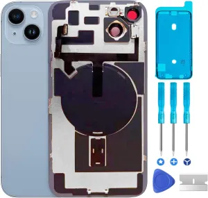 Original 14 Plus Back Glass Replacement & with Plate & Flex Cable and All Parts, Pre-Installed Camera Frame for 14 Plus   Repair Tools (Blue)