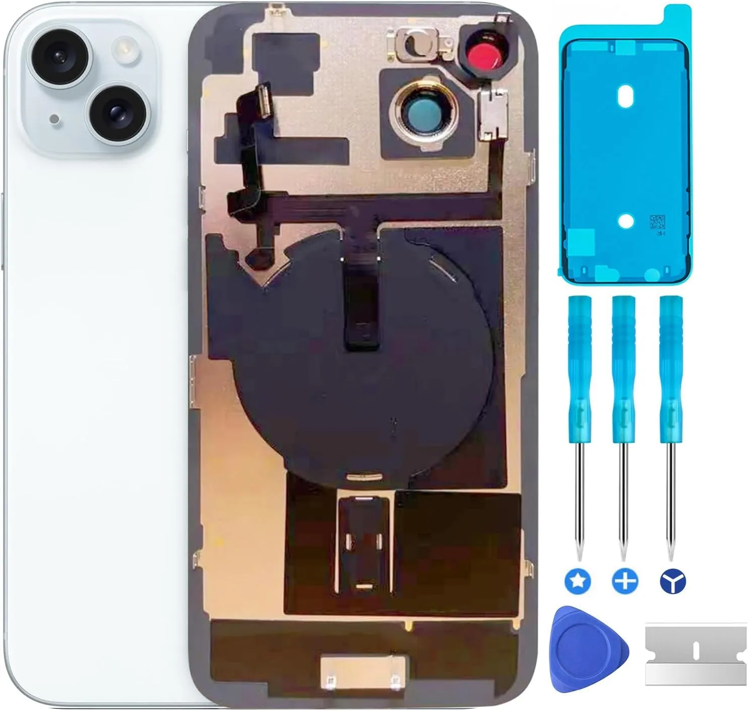 Original 15 Back Glass Replacement & with Plate & Flex Cable and All Parts, Pre-Installed Camera Frame for iPhone 15   Repair Tools (Blue)