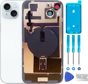 Original 15 Back Glass Replacement & with Plate & Flex Cable and All Parts, Pre-Installed Camera Frame for iPhone 15   Repair Tools (Blue)