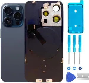 Original 15 Pro Max Back Glass Replacement & with Plate & Flex Cable and All Parts, Pre-Installed Camera Frame for iPhone 15 Pro Max   Repair Tools (Blue Titanium)