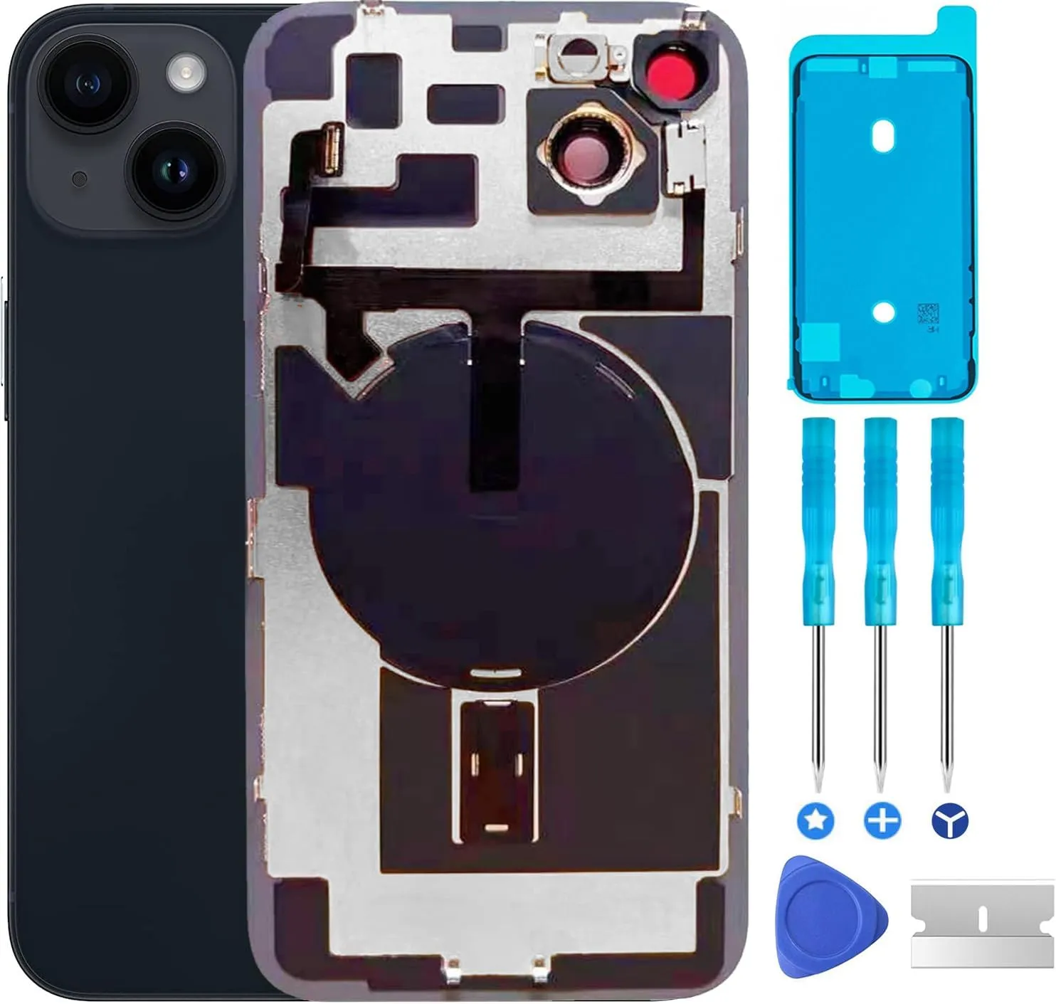 Original Compatible with iPhone 14 Back Glass Replacement & with Plate & Flex Cable and All Parts, Pre-Installed Camera Frame for iPhone14   Repair Tools(Midnight)