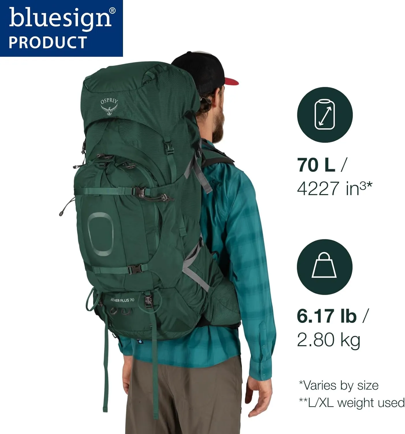 Osprey Aether Plus 70L Men's Backpacking Backpack, Axo Green, S/M