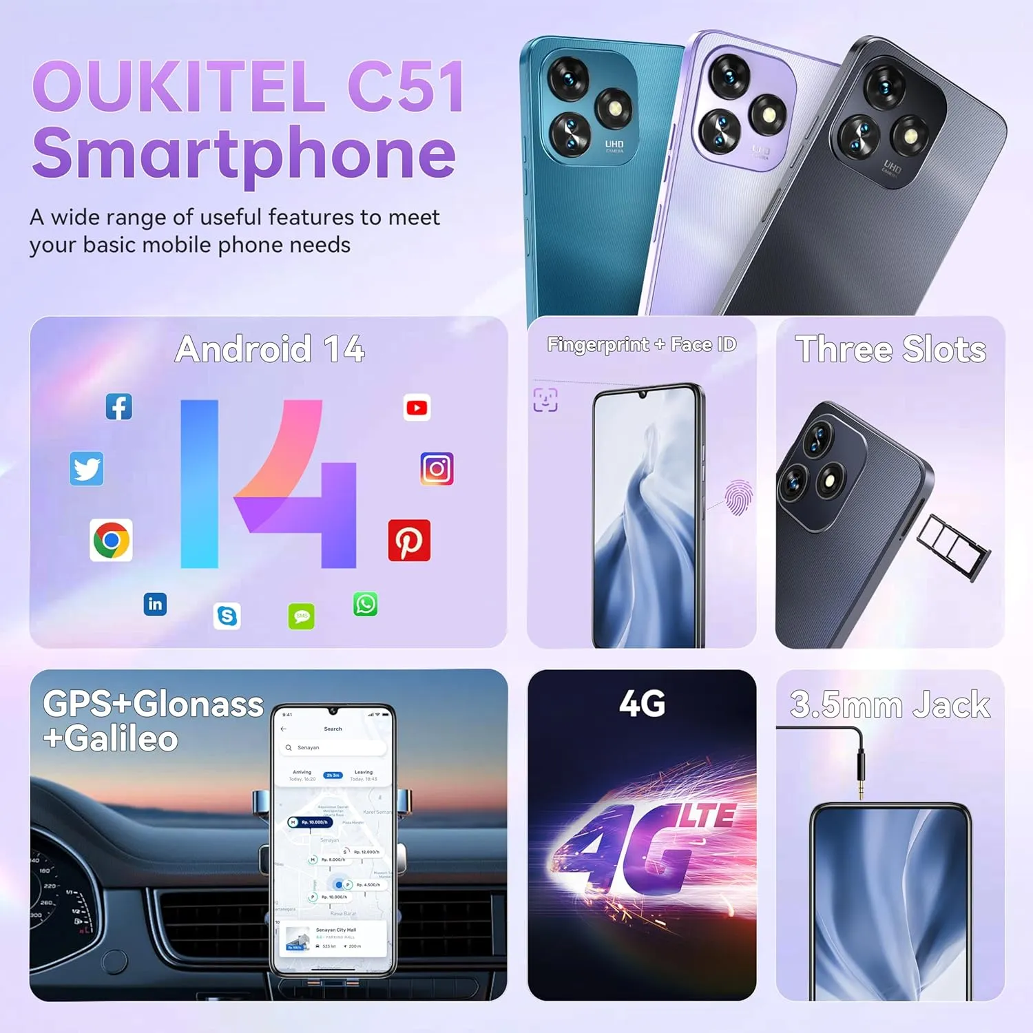 OUKITEL C51 Unlocked Mobile Phones - 18GB 128GB/1TB Cell Phone, 5150mAh Battery, 6.8" HD  Screen Android 14 Smartphones, 13MP 5MP Camera, 90Hz Refresh Rate, Face ID/Fingerprint, OTG, T-Mobile, Blue