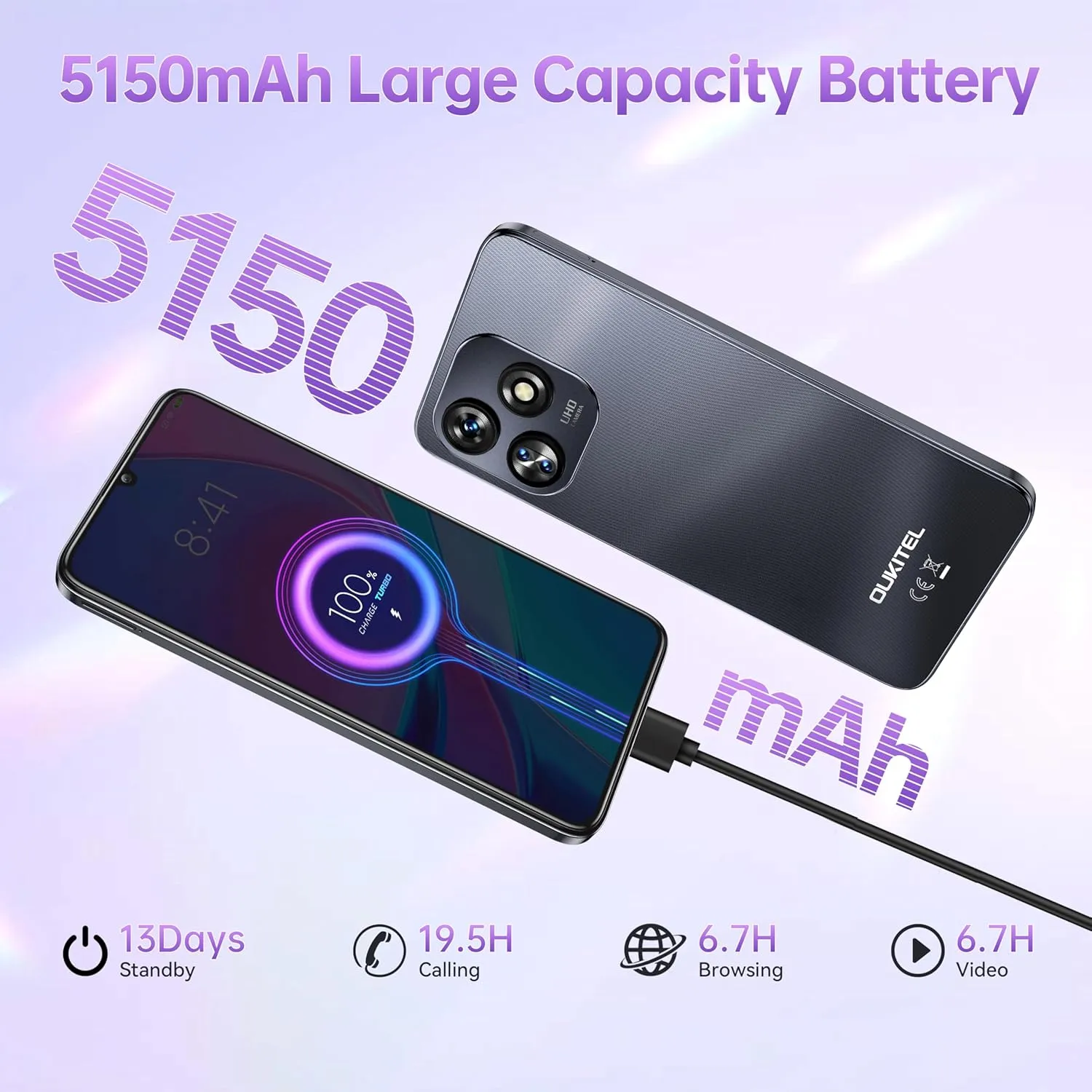 OUKITEL C51 Unlocked Mobile Phones - 18GB 128GB/1TB Cell Phone, 5150mAh Battery, 6.8" HD  Screen Android 14 Smartphones, 13MP 5MP Camera, 90Hz Refresh Rate, Face ID/Fingerprint, OTG, T-Mobile, Blue