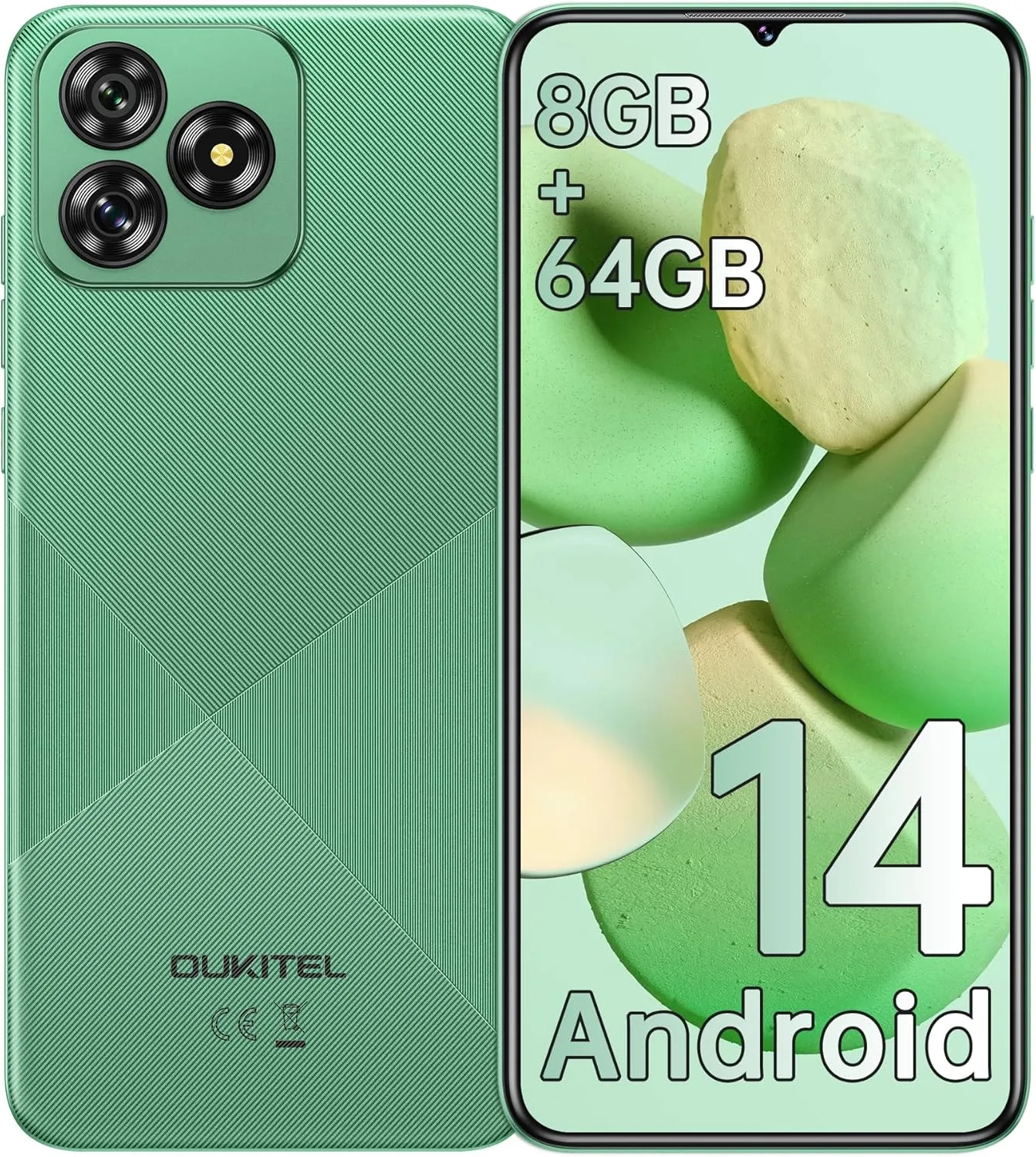 OUKITEL C53 Cell Phone Unlocked, 6.6" HD  Waterdrop Screen Android 14 Phone, 4300mAh Smartphone, 8GB 64GB/1TB Octa Core, 13MP Main Camera, 4G Dual SIM, Face ID/GPS/3.5mm Jack, T-Mobile - Green