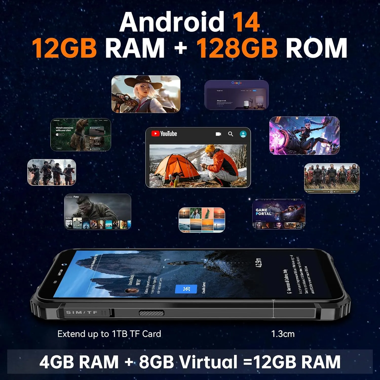 OUKITEL WP32 Rugged Phone Unlocked - 6300mAh Battery Rugged Smartphone Android 14, 6.0" HD  Screen, 12GB 128GB Mobile Phones, 20MP 5MP Camera, 4G Dual SIM, 3.5mm Jack, NFC,BT5.0,GPS,T-Mobile, Orange