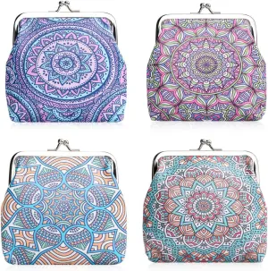 Oyachic 4 Pcs Mandala Coin Purses,PU Leather Change Purse,Vintage Wallets with Clasp Kiss-lock,Cute,Small Clutch Pouch for Woman Girls