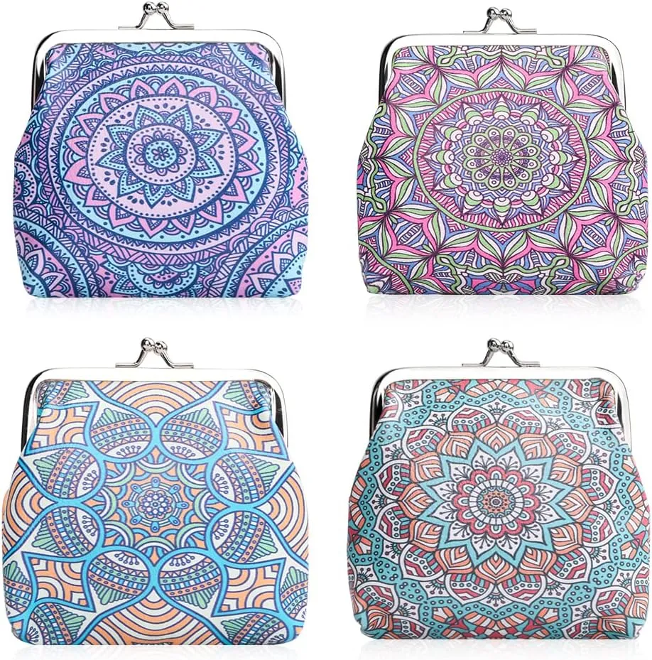 Oyachic 4 Pcs Mandala Coin Purses,PU Leather Change Purse,Vintage Wallets with Clasp Kiss-lock,Cute,Small Clutch Pouch for Woman Girls