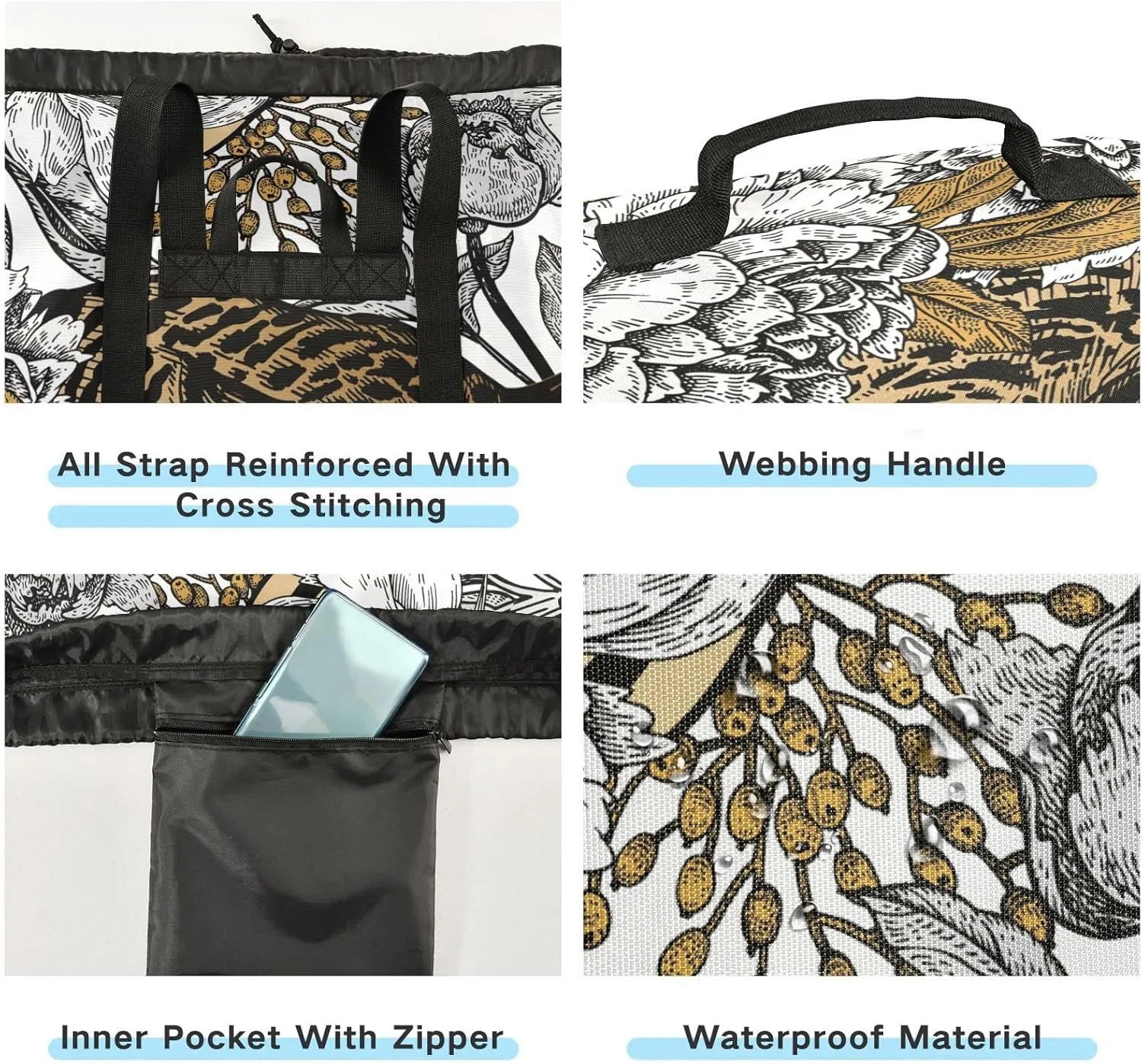 Oyihfvs Brown Leopard and White Peony Seamless Vintage Floral Backpack Laundry Bag, Laundry Backpack with Shoulder Straps, Waterproof Nylon Clothes Hamper Bag for Men Women Yoga Backpack