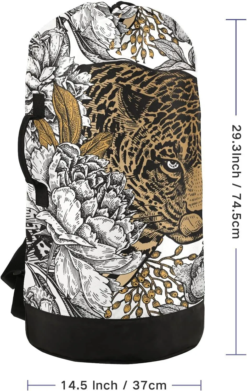 Oyihfvs Brown Leopard and White Peony Seamless Vintage Floral Backpack Laundry Bag, Laundry Backpack with Shoulder Straps, Waterproof Nylon Clothes Hamper Bag for Men Women Yoga Backpack