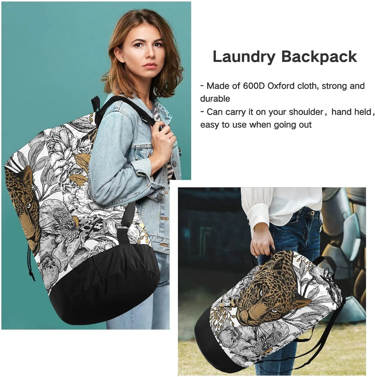 Oyihfvs Brown Leopard and White Peony Seamless Vintage Floral Backpack Laundry Bag, Laundry Backpack with Shoulder Straps, Waterproof Nylon Clothes Hamper Bag for Men Women Yoga Backpack