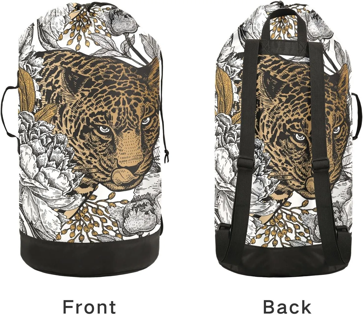 Oyihfvs Brown Leopard and White Peony Seamless Vintage Floral Backpack Laundry Bag, Laundry Backpack with Shoulder Straps, Waterproof Nylon Clothes Hamper Bag for Men Women Yoga Backpack