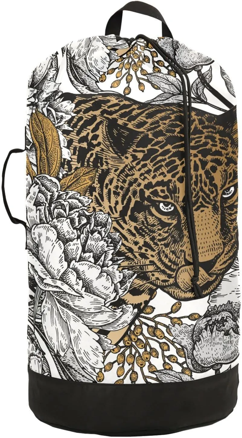 Oyihfvs Brown Leopard and White Peony Seamless Vintage Floral Backpack Laundry Bag, Laundry Backpack with Shoulder Straps, Waterproof Nylon Clothes Hamper Bag for Men Women Yoga Backpack