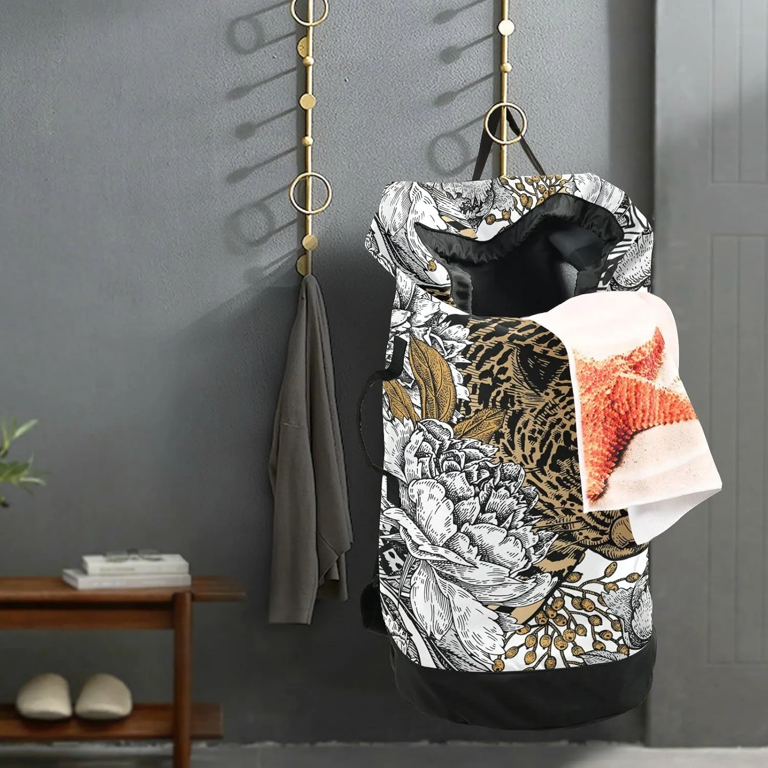 Oyihfvs Brown Leopard and White Peony Seamless Vintage Floral Backpack Laundry Bag, Laundry Backpack with Shoulder Straps, Waterproof Nylon Clothes Hamper Bag for Men Women Yoga Backpack