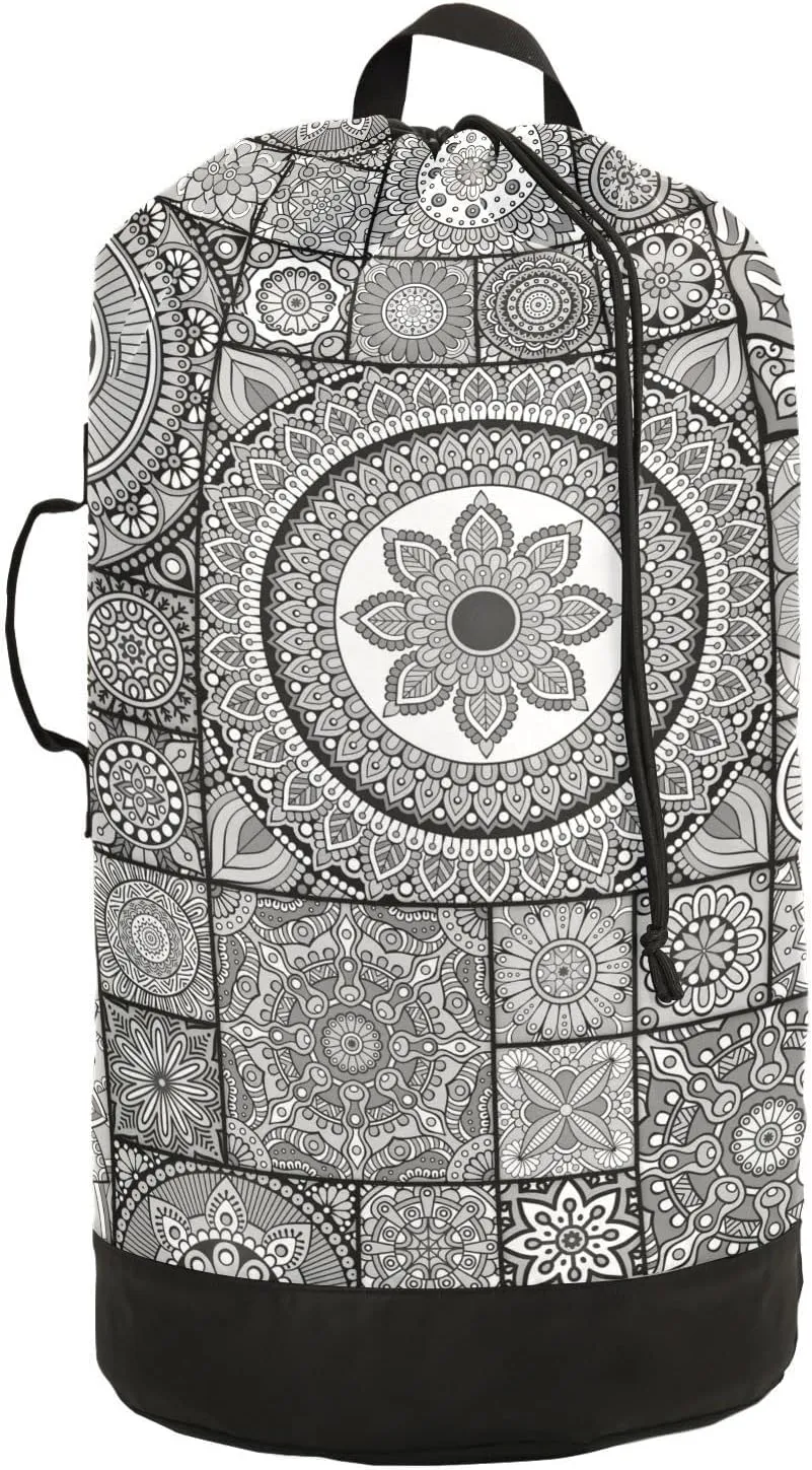 Oyihfvs Mandala Flowers, Islam, Arabic, Indian, Ottoman Vintage Tribal Backpack Laundry Bag, Laundry Backpack with Shoulder Straps, Waterproof Nylon Clothes Hamper Bag for Men Women Yoga Backpack