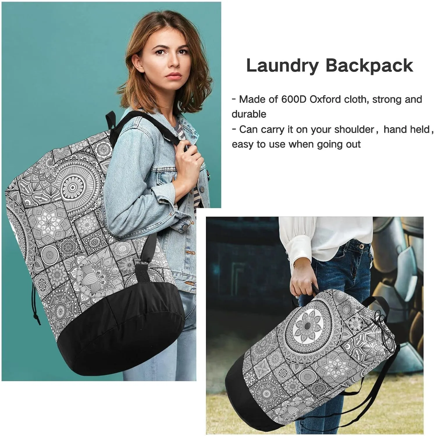 Oyihfvs Mandala Flowers, Islam, Arabic, Indian, Ottoman Vintage Tribal Backpack Laundry Bag, Laundry Backpack with Shoulder Straps, Waterproof Nylon Clothes Hamper Bag for Men Women Yoga Backpack