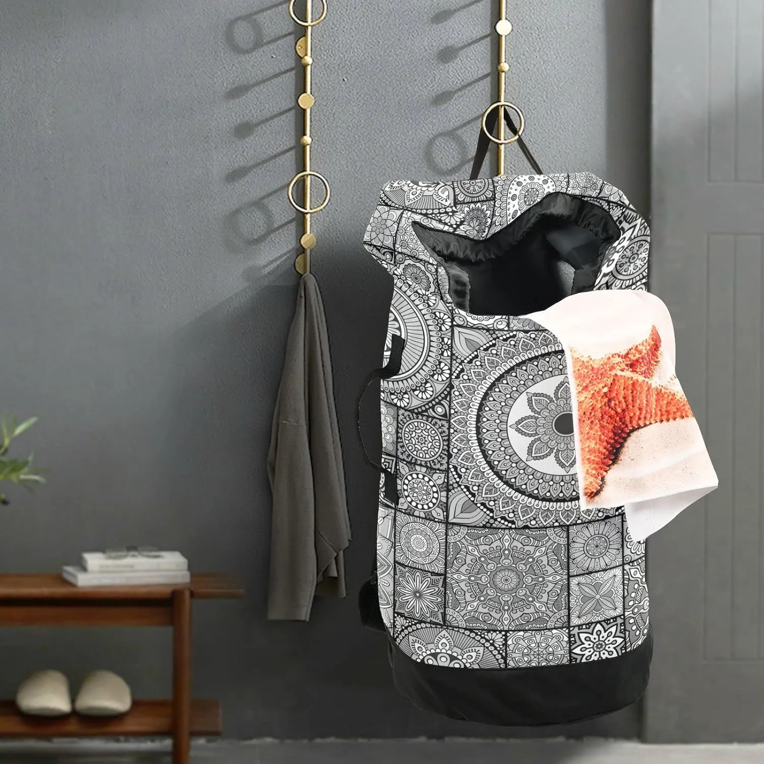Oyihfvs Mandala Flowers, Islam, Arabic, Indian, Ottoman Vintage Tribal Backpack Laundry Bag, Laundry Backpack with Shoulder Straps, Waterproof Nylon Clothes Hamper Bag for Men Women Yoga Backpack