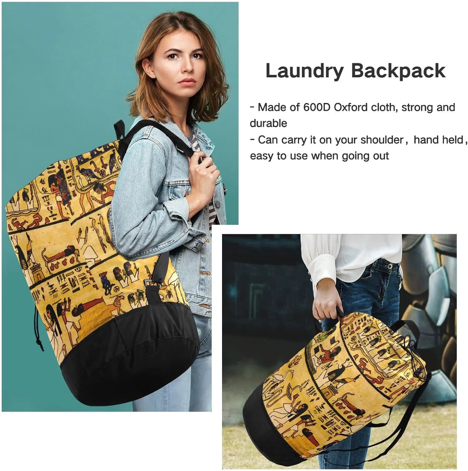 Oyihfvs Old Egyptian Papyrus and Hieroglyph Retro Vintage Style Backpack Laundry Bag, Laundry Backpack with Shoulder Straps, Waterproof Nylon Clothes Hamper Bag for Men Women Yoga Backpack
