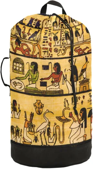 Oyihfvs Old Egyptian Papyrus and Hieroglyph Retro Vintage Style Backpack Laundry Bag, Laundry Backpack with Shoulder Straps, Waterproof Nylon Clothes Hamper Bag for Men Women Yoga Backpack