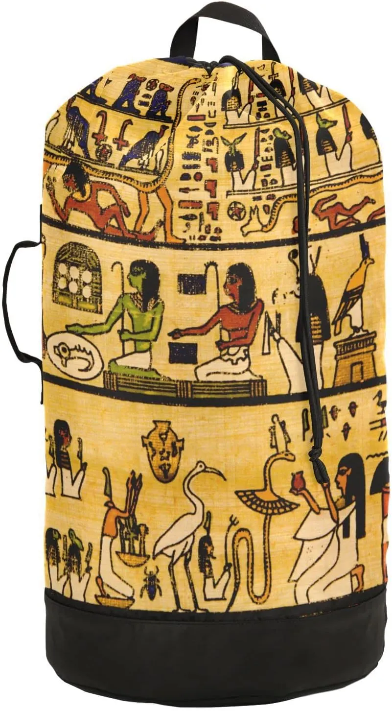 Oyihfvs Old Egyptian Papyrus and Hieroglyph Retro Vintage Style Backpack Laundry Bag, Laundry Backpack with Shoulder Straps, Waterproof Nylon Clothes Hamper Bag for Men Women Yoga Backpack