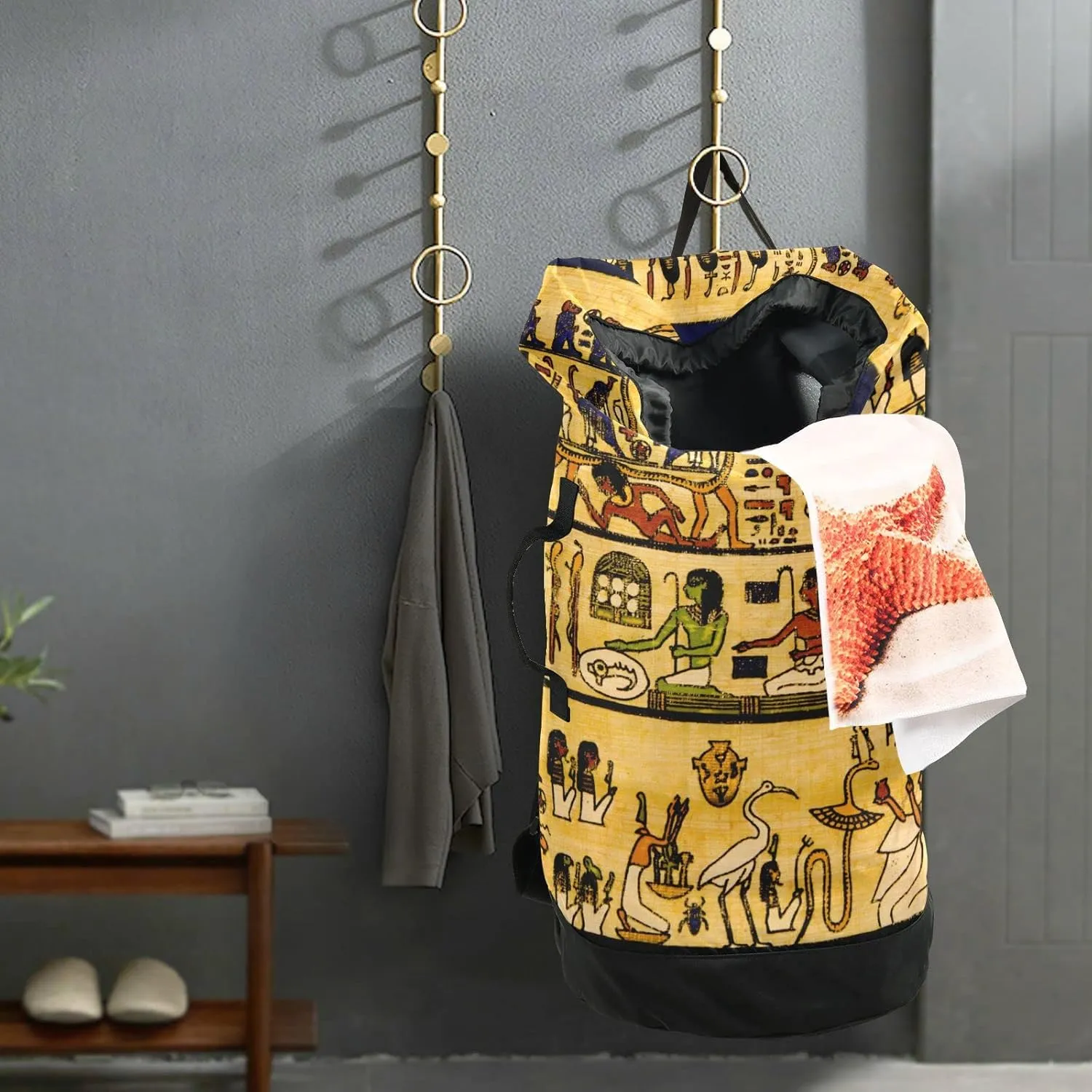 Oyihfvs Old Egyptian Papyrus and Hieroglyph Retro Vintage Style Backpack Laundry Bag, Laundry Backpack with Shoulder Straps, Waterproof Nylon Clothes Hamper Bag for Men Women Yoga Backpack
