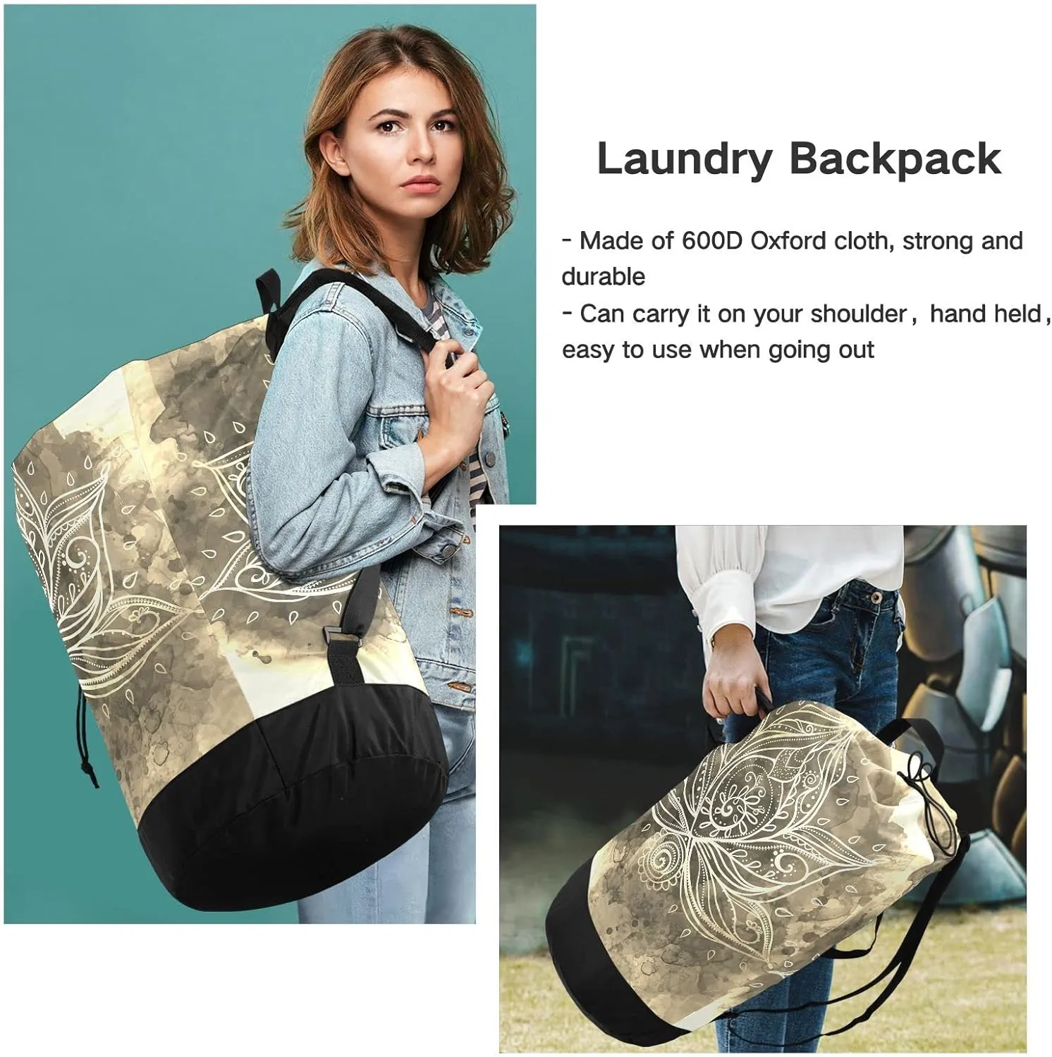 Oyihfvs Vintage Boho Lotus Flower Mandala Backpack Laundry Bag, Laundry Backpack with Shoulder Straps, Waterproof Nylon Clothes Hamper Bag for Men Women Yoga Backpack