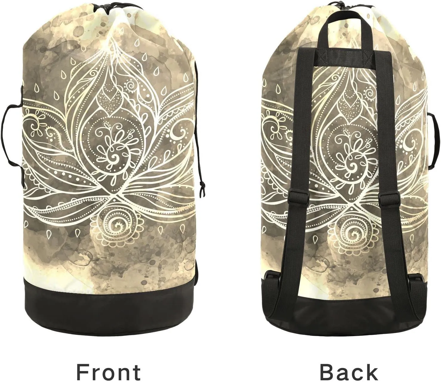 Oyihfvs Vintage Boho Lotus Flower Mandala Backpack Laundry Bag, Laundry Backpack with Shoulder Straps, Waterproof Nylon Clothes Hamper Bag for Men Women Yoga Backpack