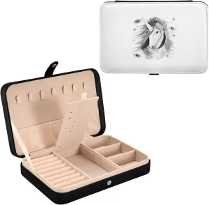 Oyihfvs Vintage Retro White Unicorn on White Leather Jewelry Bag, Jewelry Storage, Portable Jewelry Organizer Boxes for Women Lady Necklace, Earrings, Rings, Bracelet