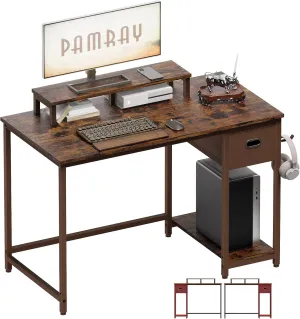 Pamray 39 Inch Computer Desk with Monitor Stand Small Home Office Desks with Non-Woven Storage Drawer for Bedroom Study Table Writing and Work Desk Vintage,Brown Leg
