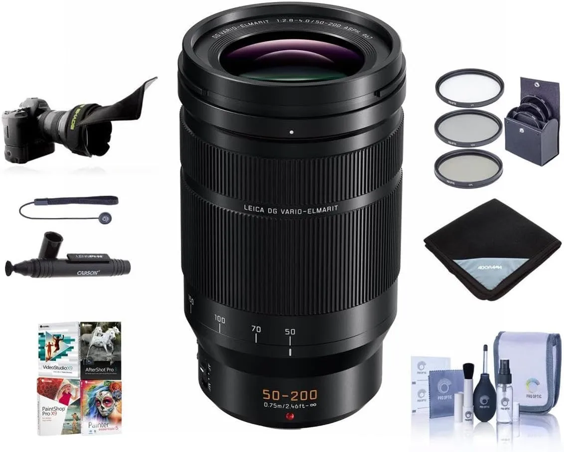 Panasonic Lumix G Leica DG Vario-Elmarit 50-200mm F/2.8-4 Aspheical Lens for Micro 4/3 - Bundle with 62mm Filter Kit, Lens Wrap, Cleaning Kit, Flex Lens Shade, Capleash, Lenspen Cleaner, PC Software