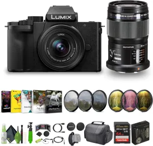 Panasonic Lumix G100D 4K Mirrorless Vlogging Camera, 5-Axis Hybrid I.S, YouTube Vlogger Kit Bundle with M.Zuiko Digital ED 60mm f/2.8 Macro Lens Micro Four Thirds and 12-32mm Lens   Vlog Accessories