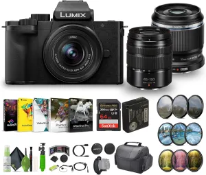 Panasonic Lumix G100D 4K Mirrorless Vlogging Camera, YouTube Vlogger Kit Bundle with 12-32mm Lens and G Vario 45-150mm   M.Zuiko Digital ED 30mm f/3.5 Macro Lens Micro Four Thirds   Vlog Accessories