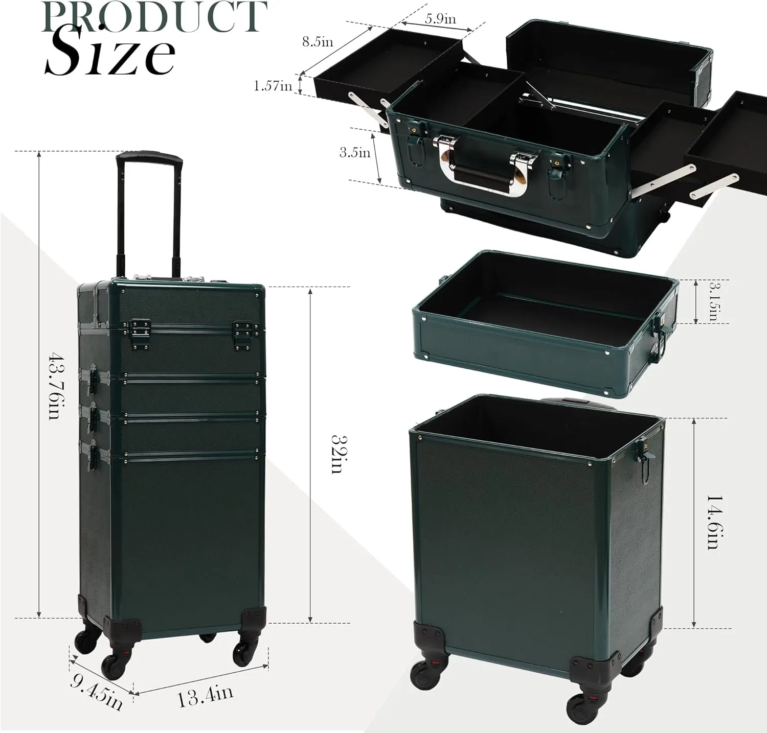 Particle Rolling Makeup Train Case Professional Cosmetic Trolley Large Storage Organizer with Key Swivel Wheels Salon Barber Case - New Green (Extra Portable Cosmetic Bag, Green)