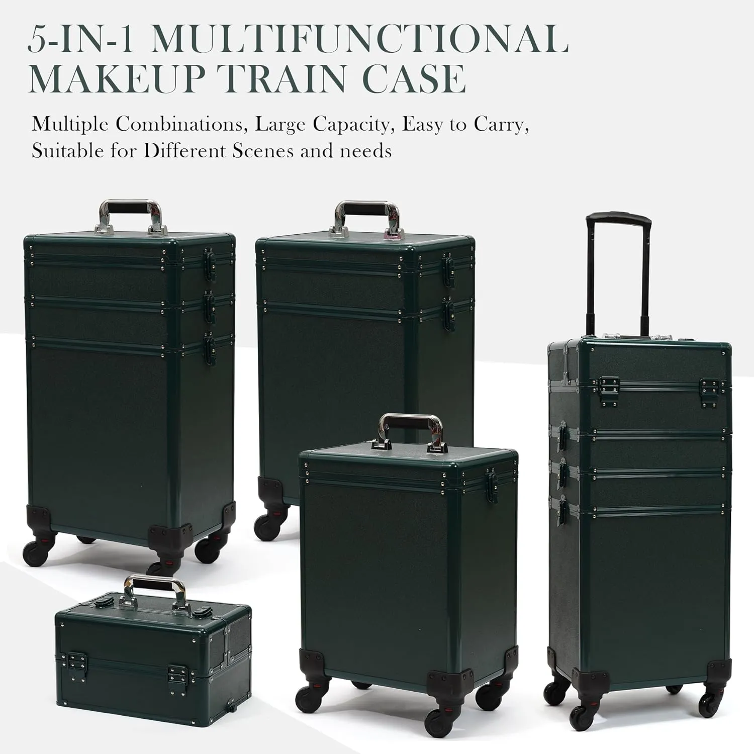 Particle Rolling Makeup Train Case Professional Cosmetic Trolley Large Storage Organizer with Key Swivel Wheels Salon Barber Case - New Green (Extra Portable Cosmetic Bag, Green)